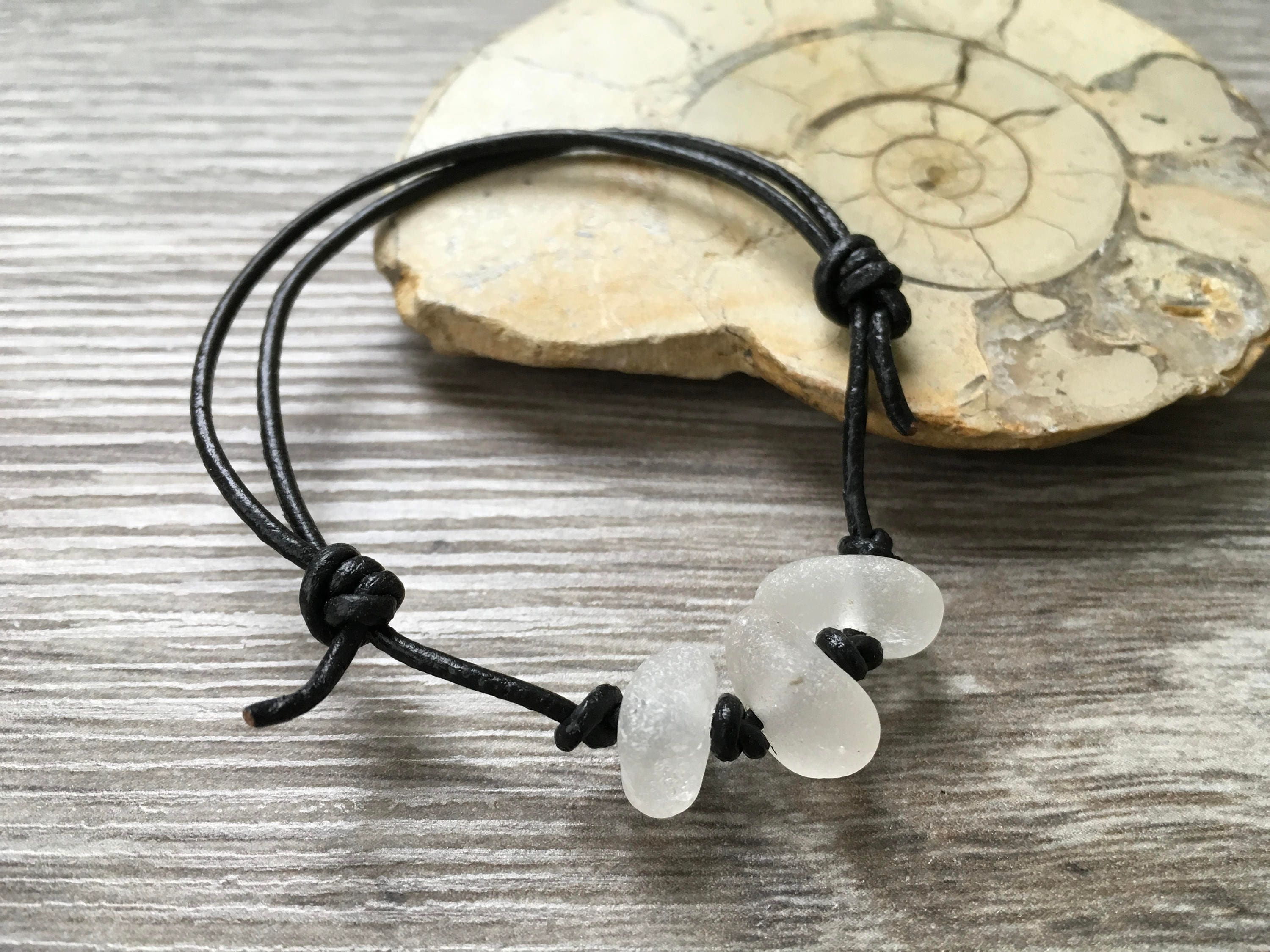 Natural sea glass bracelet, black leather bracelet, knotted adjustable ...