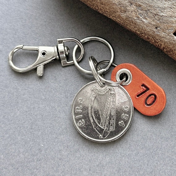 70th birthday or anniversary gift, choose between a 1954 Irish florin keychain, Ireland keyring, Irish two shilling coin clip,