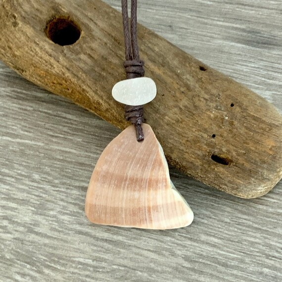 Simple shell and sea glass necklace, adjustable waxed cotton cord, genuine beach glass pendant, boho no metal jewellery