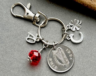 70th Irish birthday Gift, 1954 shilling from Ireland, birthstone charm bag clip, key ring personalised gift choose initial and birthstone