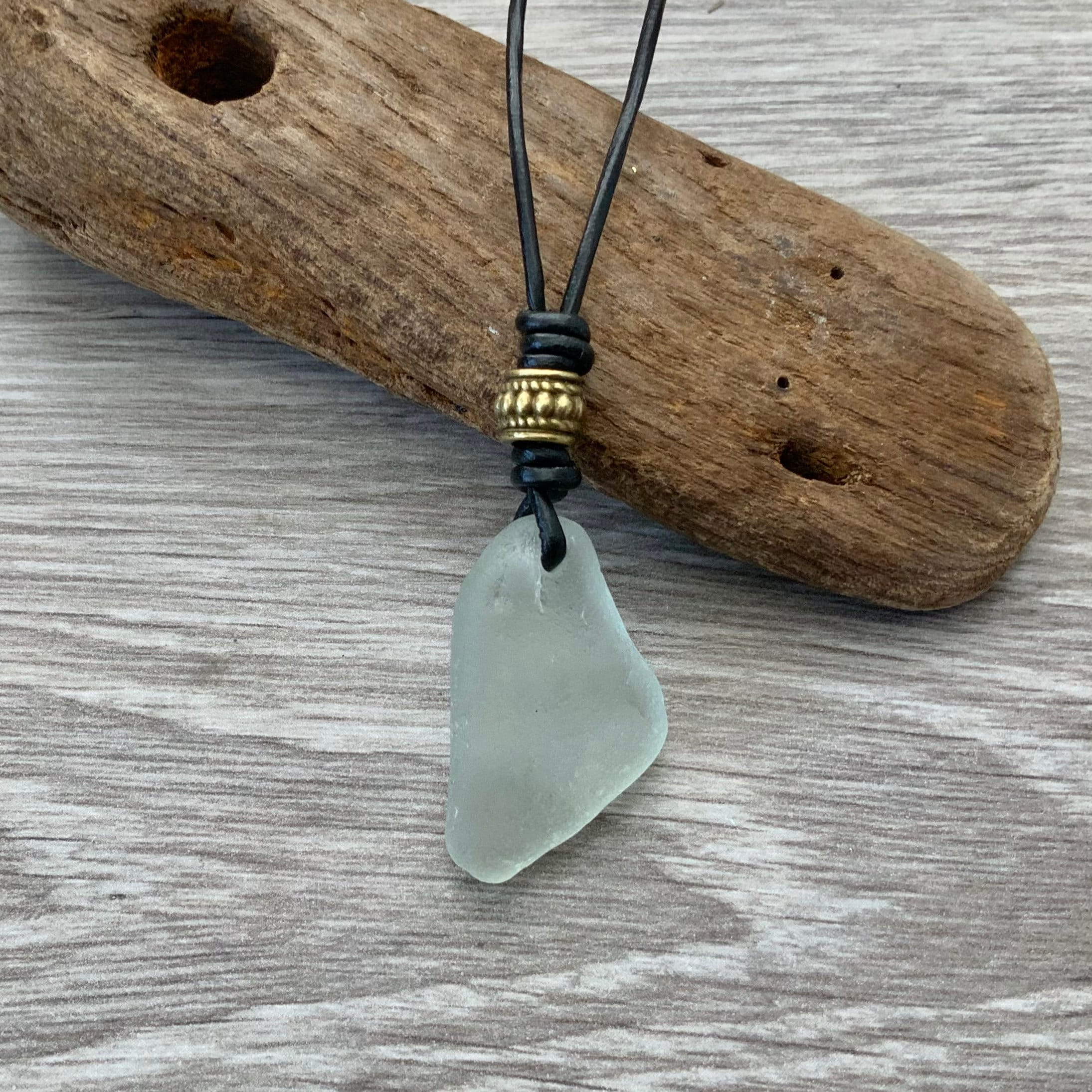 Simple sea glass necklace adjustable black leather cord genuine