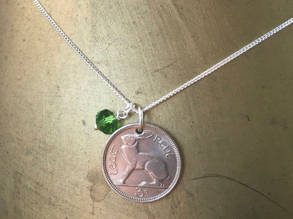 Irish hare coin necklace 1965, 1966, 1967 or 1968 Ireland rabbit coin pendant, birthday or anniversary gift for a woman