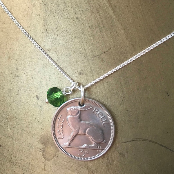 Irish hare coin necklace 1965, 1966, 1967 or 1968 Ireland rabbit coin pendant, birthday or anniversary gift for a woman