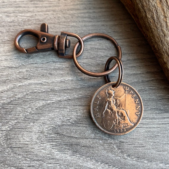 1933 British half penny coin Key ring clip, Britannia, a great English 91st birthday gift for a man or woman