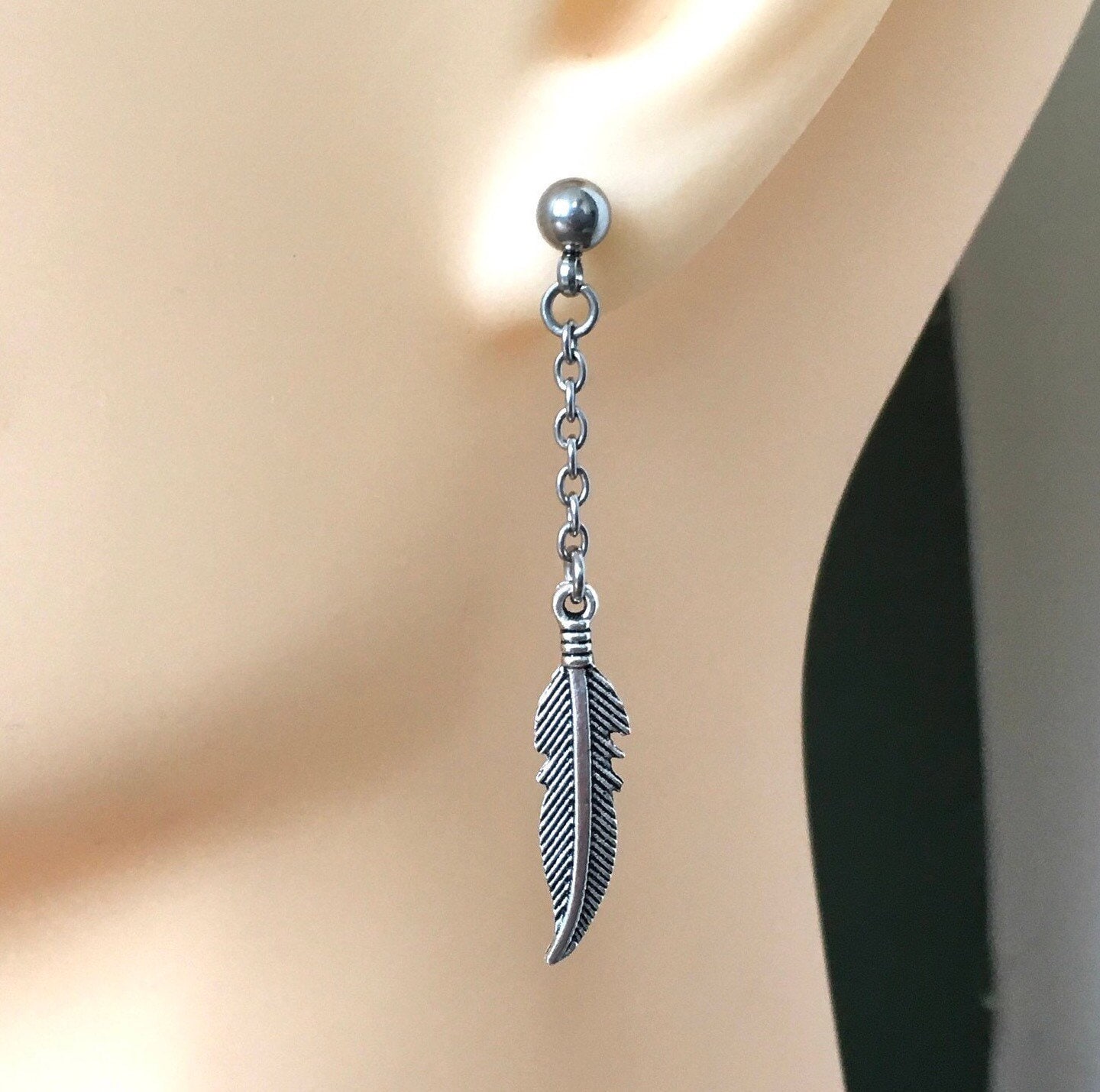 Mens long feather earring, guys single dangle earring, one earring