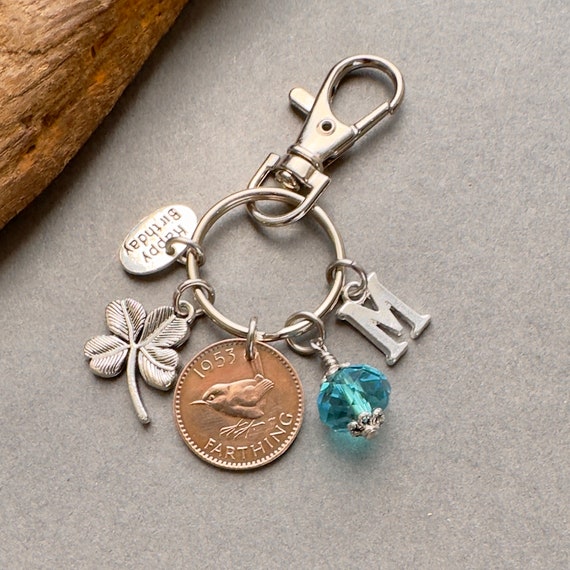 1953 wren farthing birthstone charm, keyring or bag clip, personalised gift, choose initial and birthstone colour, 71st birthday gift