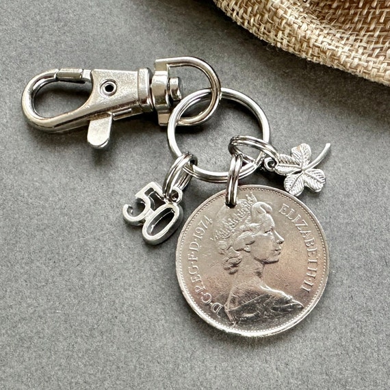 50th birthday gift, 1974 British ten pence coin clip style Key ring Minted in 1974 this coin is also a perfect gift for a 50th anniversary