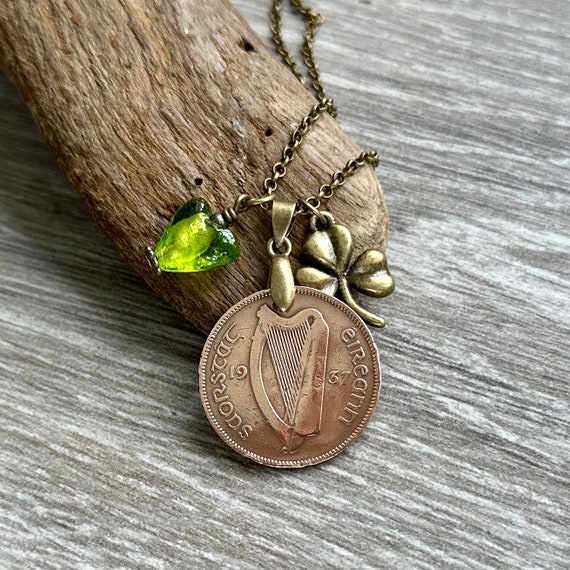 1937 Irish coin and shamrock necklace, genuine half penny coin from Ireland, a perfect 87th birthday gift or for someone proud to be Irish