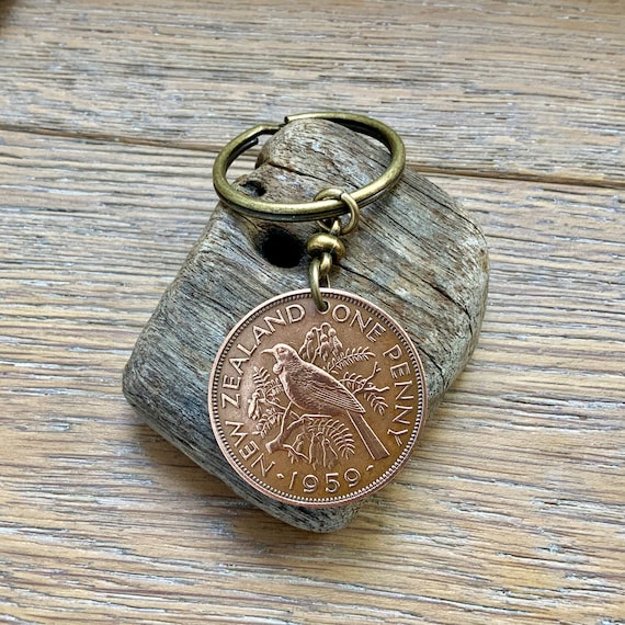 1959 New Zealand penny keyring, Tui bird keychain or clip, a perfect 65th  birthday or anniversary gift