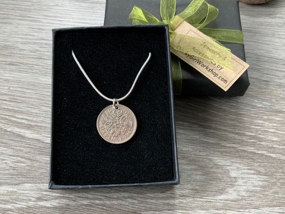 Lucky Sixpence pendant necklace on a silver plated chain, Chose coin year for a perfect birthday or anniversary, comes in a luxury gift box