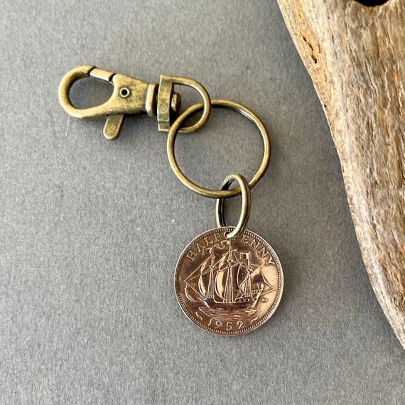 1952 British half penny coin keyring clip, a perfect gift for a 72nd birthday for someone born in 1952