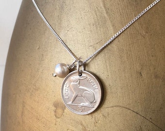 1968 dainty Irish coin necklace, Hare, harp, sterling silver chain, Birthday gift or anniversary present from Ireland
