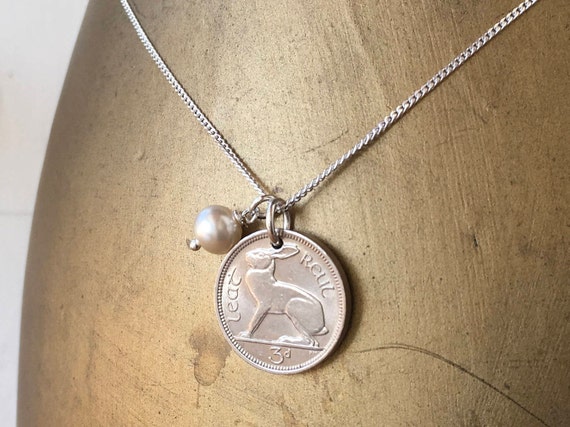 1953 dainty Irish hare coin necklace, diamond cut sterling silver curb chain, a 71st birthday gift idea