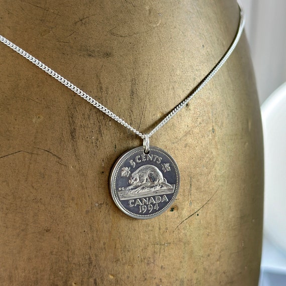 1994 Canadian coin necklace with a sterling silver chain, perfect for a 30th birthday gift, Canada beaver nickel