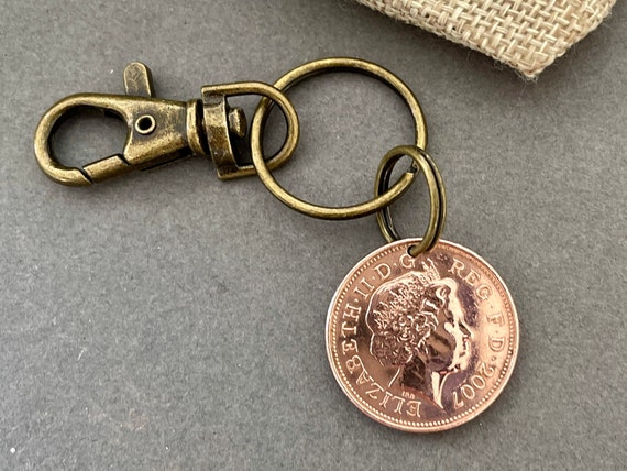 2007 British two pence coin Key ring clip, a perfect 17th anniversary gift