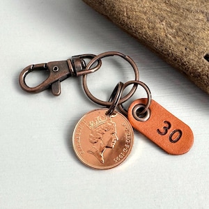 Cadeau 30e anniversaire ou cadeau d'anniversaire 1995 Porte-clés britannique de deux pence, porte-clés ou clip, pour homme ou femme