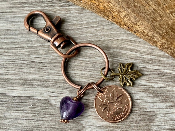 Canadian penny keyring or charm with a maple leaf, choose coin year for a perfect birthday or anniversary gift