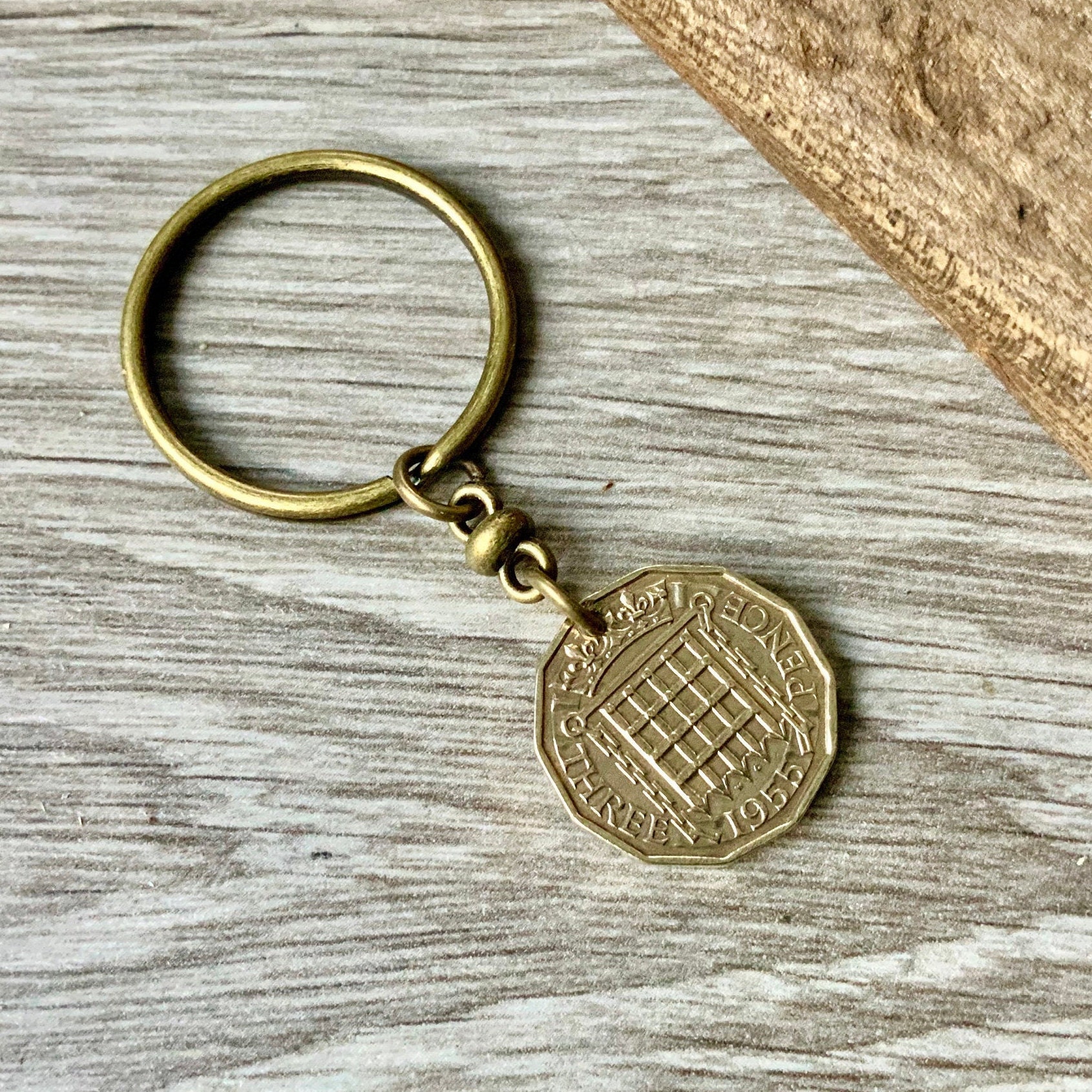 1954 or 1955 British threepence keychain, English brass three penny