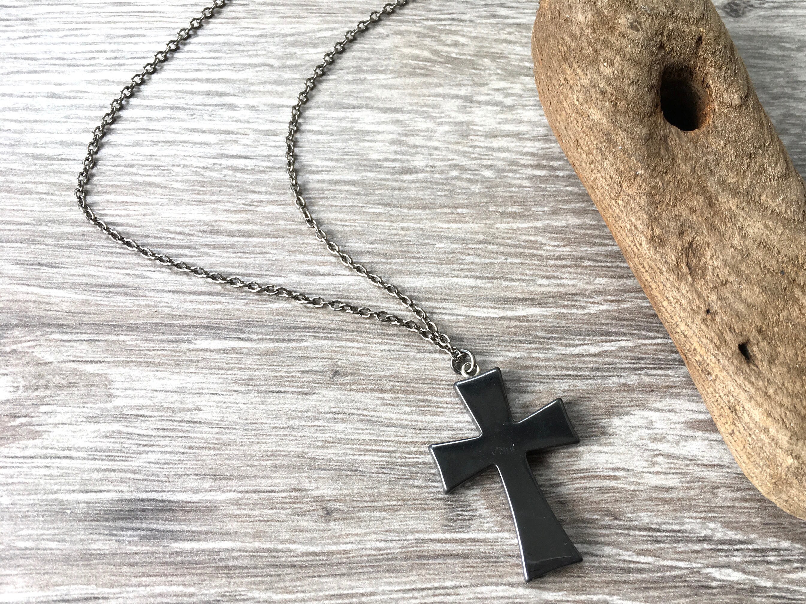 Long Hematite Cross necklace, large cross pendant, boho hematite
