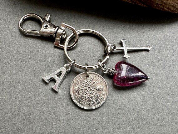 60th birthday gift, 1964 sixpence charm bag clip, choose initial, personalised gift, with a cross and purple heart charm