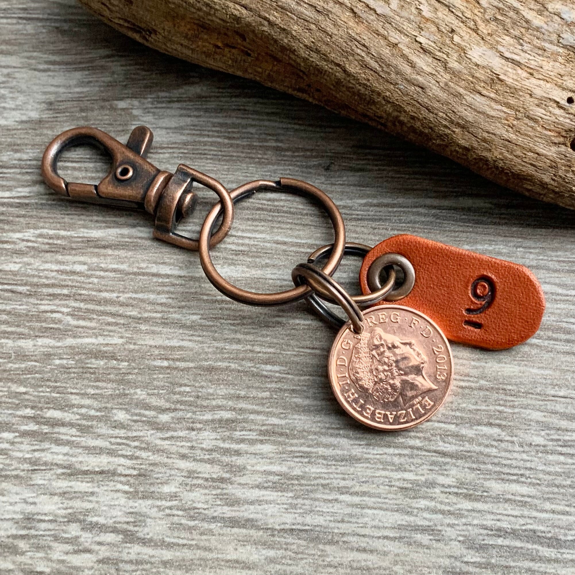 9th anniversary gift, 2013 or 2014 British penny keyring, keychain or
