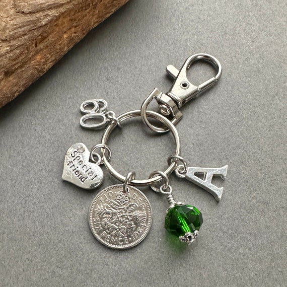 60th gift for a special friend,  birthstone charm, 1964 sixpence bag clip, personalised gift choose initial and birthstone colour