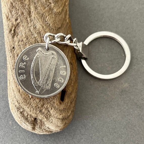 Irish 1968 florin coin keychain, keyring or clip a perfect  56th birthday gift, great to celebrate St. Patrick's day