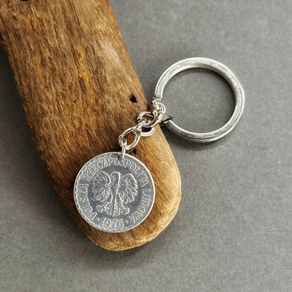 1976 Polish 1 Zloty coin keyring, 1976 eagle coin from Poland handmade into a keychain, a perfect 48th  birthday or anniversary gift