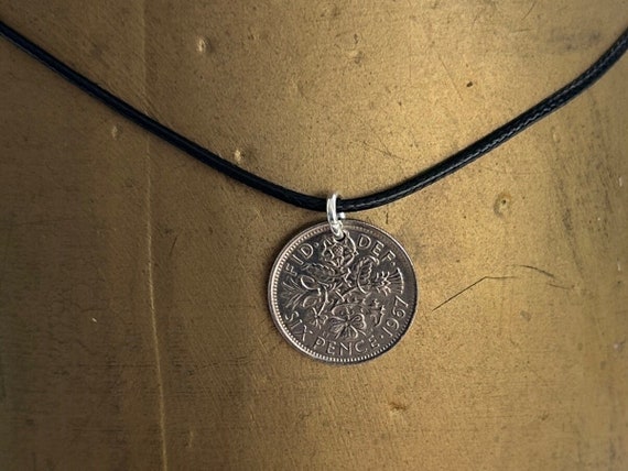 1967 sixpence necklace on a black cord, lucky coin pendant, perfect for a 57th anniversary gift or 57th birthday gift