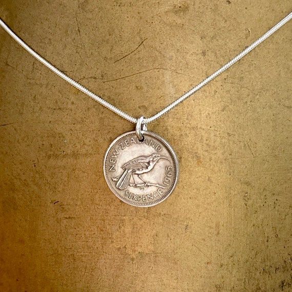 1965 New Zealand sixpence necklace, lucky coin pendant, Huia bird, 59th birthday gift, anniversary present for a woman