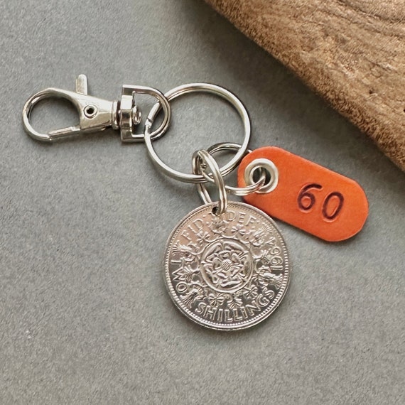60th birthday gift, a 1964 British florin key chain, Key ring or clip, UK two shilling coin with a leather number 60 tag