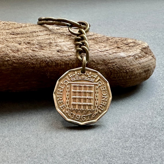 1967 British threepence coin key chain, keyring or clip 57th birthday retirement, anniversary gift for a man or woman