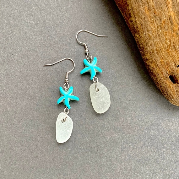 Sea glass and starfish earrings, a turquoise  starfish, frosted sea glass with stainless steel ear wires, boho beach jewellery