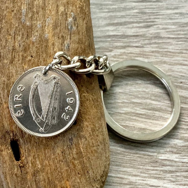 1942 Irish sixpence key chain, key ring, wolfhound coin from Ireland