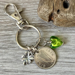 1939 or 1940 Irish sixpence, four leaf clover and green glass heart key ring or charm, a perfect birthday gift