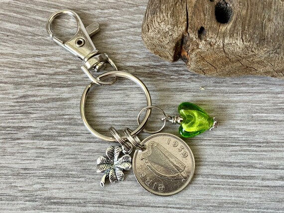 1939 or 1940 Irish sixpence, four leaf clover and green glass heart key ring or charm, a perfect birthday gift