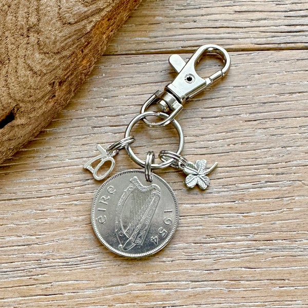 70th birthday gift, 1954 Irish florin with a lucky clover charm, keychain, keyring, Ireland coin clip, for a perfect 70th birthday