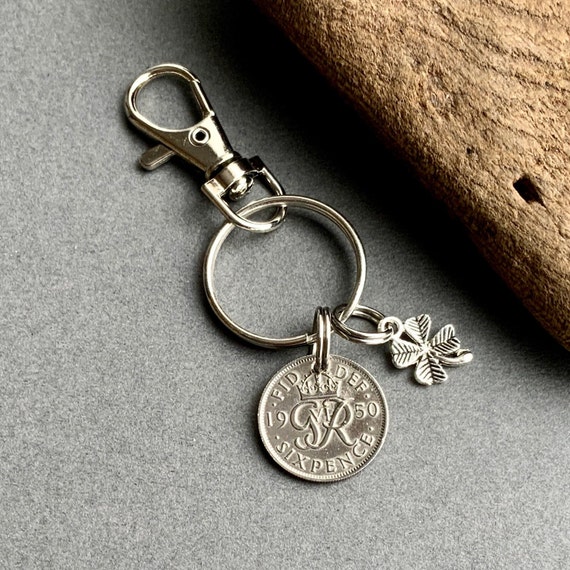 QuirkyGirlWorkshop Lucky Sixpence Keychain, Keyring, Handbag Clip, Purse Charm, Choose Year for A Perfect Birthday, Anniversary, Retirement or Good Luck Gift