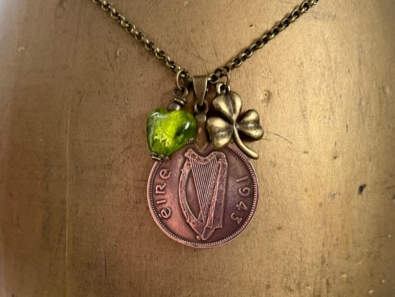 1943 Irish old half penny coin and shamrock necklace, antique style charm pendant, a perfect gift for an 81st birthday