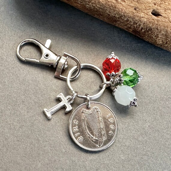60th birthday gift, 1964 shilling from Ireland handmade into clip style key ring with the colours of the Irish flag personalised gift