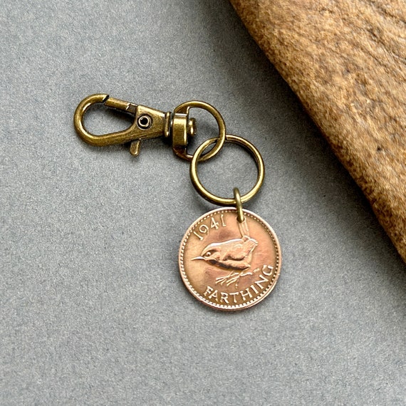 1941 Wren Farthing clip style keyring, old UK coin, English bird, British present for a man or woman