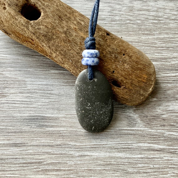 Smooth raw stone and Blue spot Jasper pendant, Beach pebble necklace handmade with natural beach stone on a grey/blue waxed cotton cord