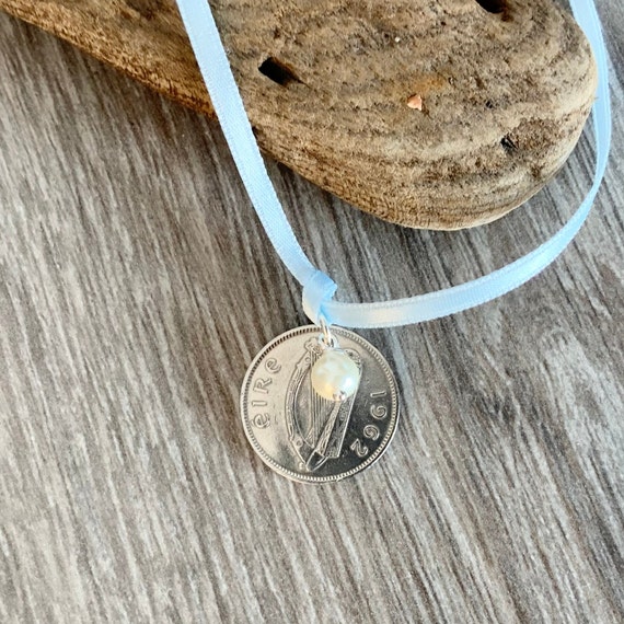 Irish sixpence anklet or bracelet, handmade with a pale blue satin ribbon and a choice of charm colour, something old, something new