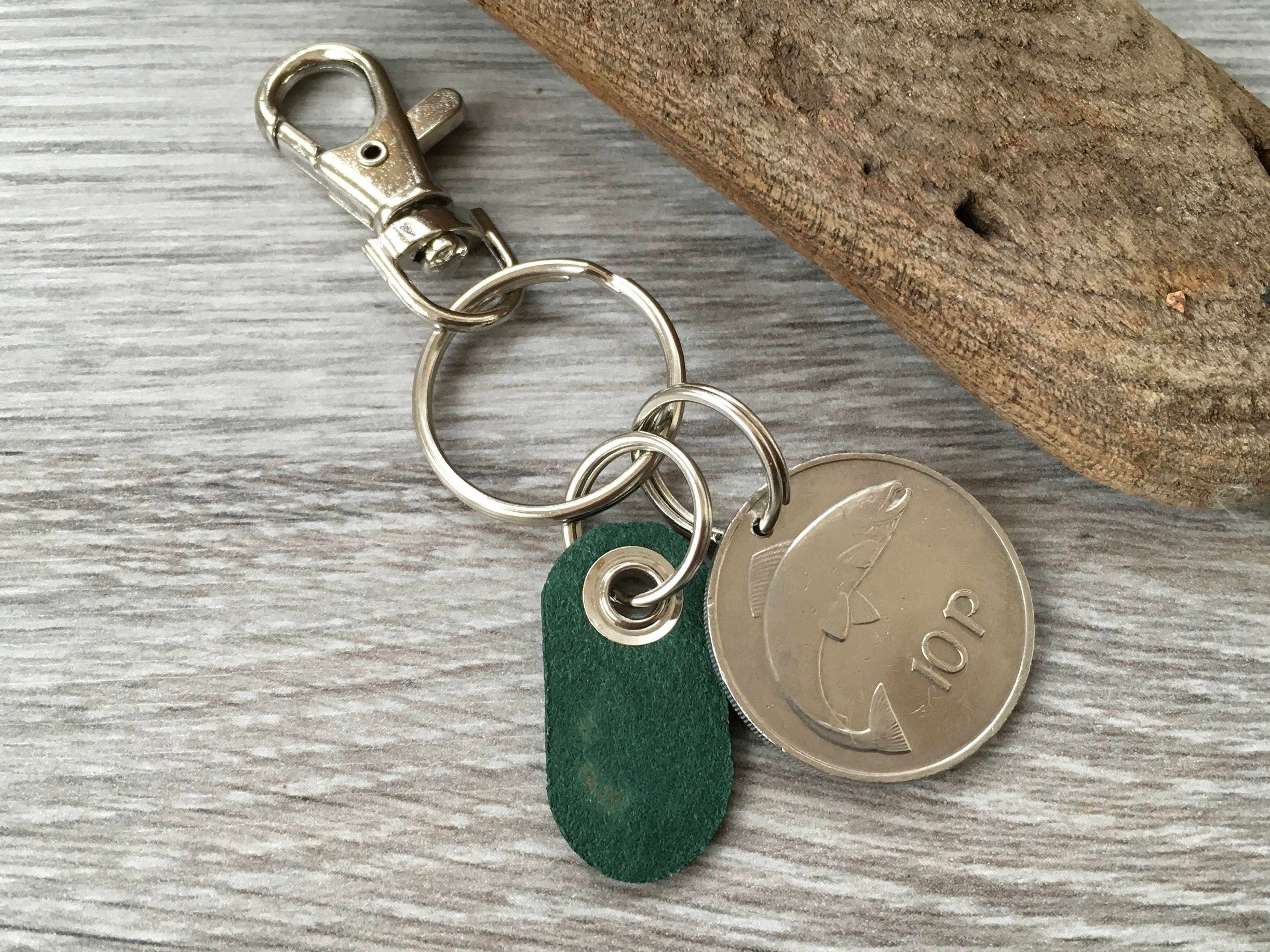 Irish coin and green shamrock key chain or clip, Celtic Ireland keyring