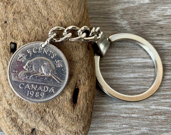 Canadian beaver nickel keychain, canada 5c keyring, choose coin year for a perfect birthday gift  or anniversary present