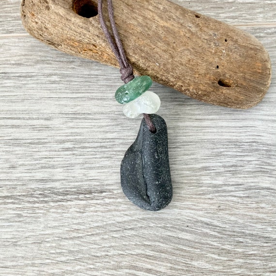 Sea glass necklace, old thick beach glass pendant with an adjustable cotton cord