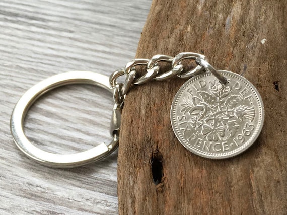 1963 UK sixpence keyring, British coin keychain or clip, a perfect 60th birthday or anniversary gift