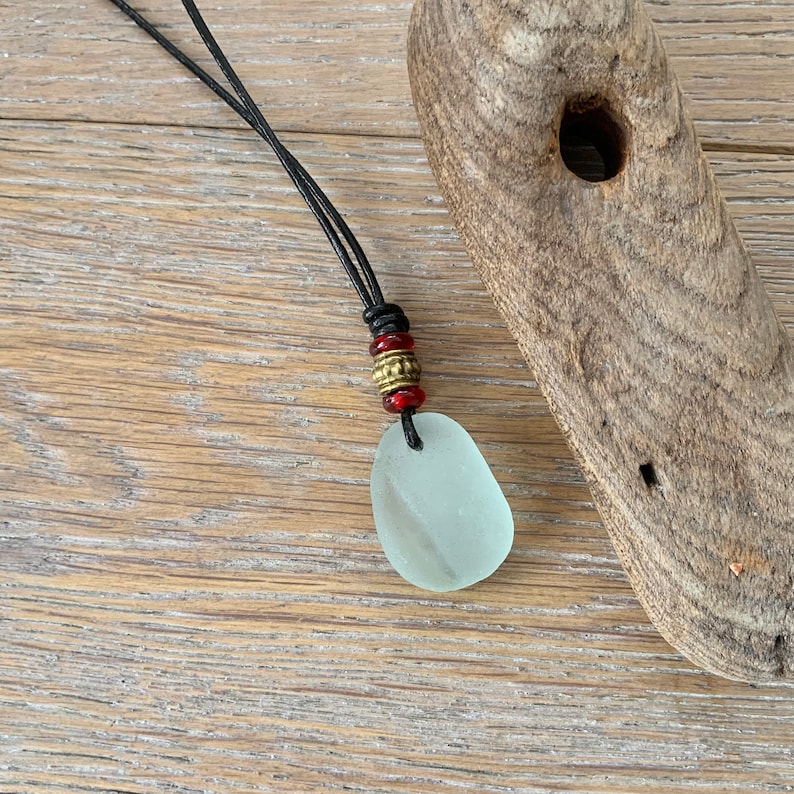 Cornish sea glass unisex necklace with red bead and bronze beads boho beach jewellery Natural sea glass pendant