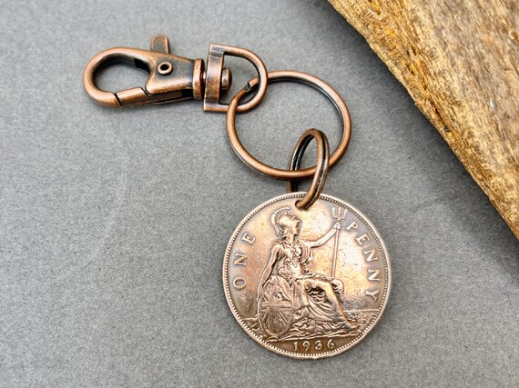 1936 Big British penny Key ring with a  clip, a perfect 88th  birthday gift for someone born in 1936