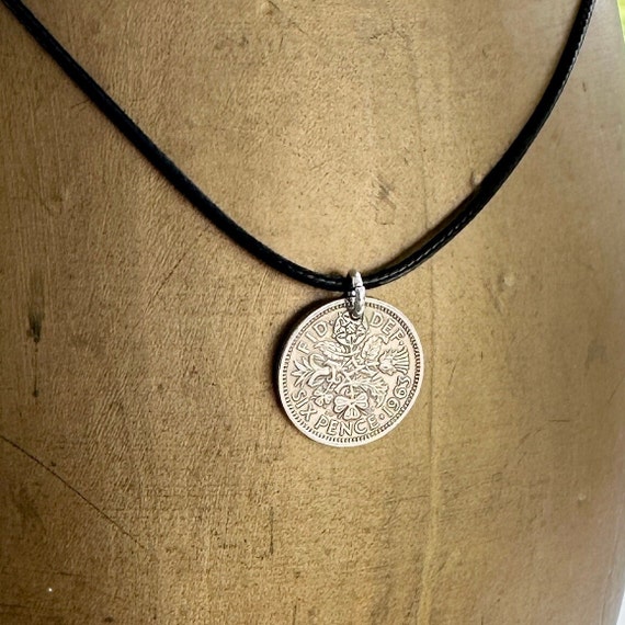 1963 sixpence necklace on a black cord, lucky coin pendant, perfect for a 61st anniversary gift or 61st birthday gift